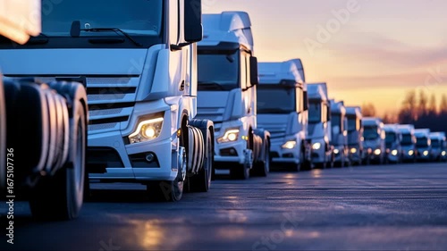 Long line of white trucks parked on asphalt highway during sunset near a forested area