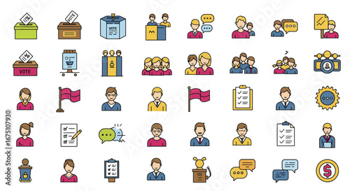 Voting and election process icons set, democracy and political participation symbols