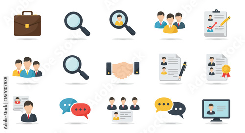Icon Set Representing Human Resources, Job Recruitment, and Business Concepts