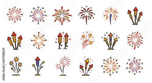 Festive vector icons collection: Bright fireworks and firecrackers illustrations