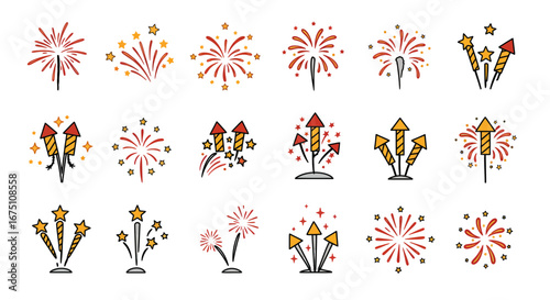 Colorful Fireworks Vector Set for Celebrations, Festivals, and Holiday Events