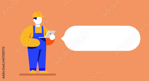 A skilled worker or engineer in hard hat and overalls uses a laptop, with a large blank speech bubble for custom text or messaging.