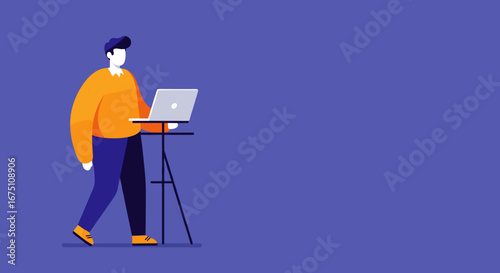 A focused man in an orange sweater works on a laptop at a standing desk, embodying modern remote work and productivity. Ideal for business, technology, and freelance concepts.