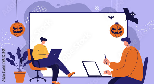 Two colleagues working on laptops in a festive Halloween-decorated office. Ideal for seasonal business promotions, remote work, or creative collaboration themes.