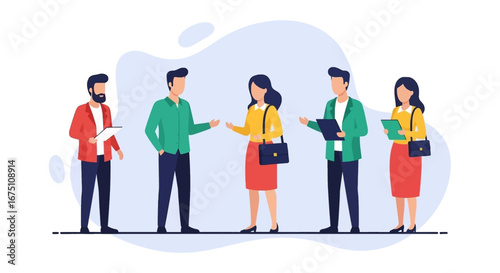 Business professionals collaborating and communicating in a team meeting or networking event. Ideal for corporate, teamwork, and discussion concepts.