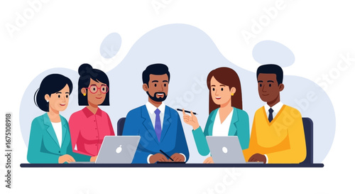 Diverse business team collaborating in a meeting with laptops. Professional discussion, strategy, and teamwork for corporate success.