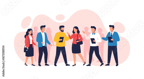 Diverse business professionals collaborate and discuss ideas in a dynamic team meeting, illustrating teamwork and modern workplace interaction.