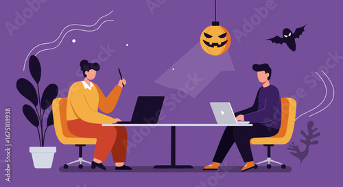 Two colleagues work on laptops in a festive Halloween-themed office, collaborating under the glow of a jack-o'-lantern. Ideal for business, technology, and holiday work concepts.