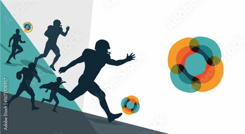 A stylized vector illustration depicting the dynamic energy and motion of American football players competing in a game with abstract graphic elements