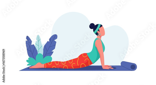 Illustration of a woman practicing yoga in a calm setting, performing a Cobra pose on a mat, embodying health, well-being, and an active lifestyle.