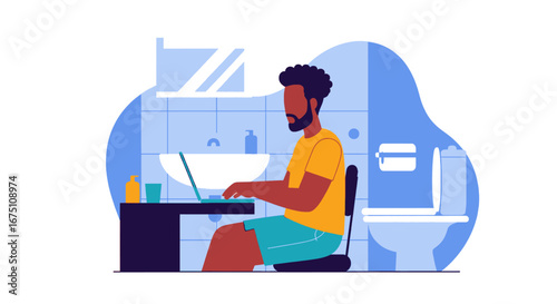 A man works diligently on his laptop from the comfort of his home bathroom, illustrating the flexibility and challenges of remote work and modern lifestyle.