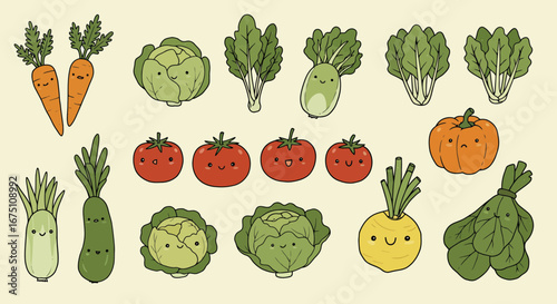 Adorable cartoon vegetables illustration with kawaii faces and playful expressions