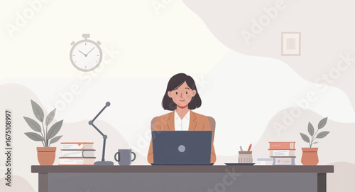 Smiling professional woman working diligently at her modern desk with a laptop, surrounded by books and plants. Represents productivity, remote work, and efficient business management.