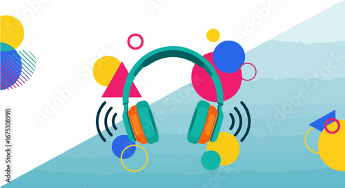 Vibrant audio concept with colorful headphones and abstract geometric shapes for music and podcast themes