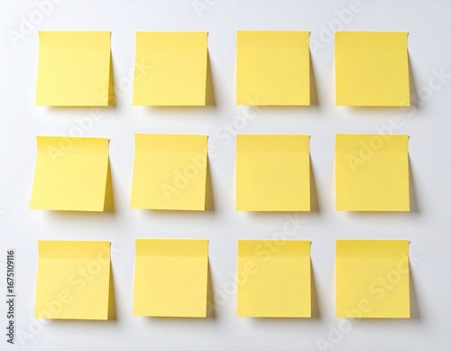 Minimal photo of sticky notes, pastel yellow color, isolated on white background, simple reminder concept
