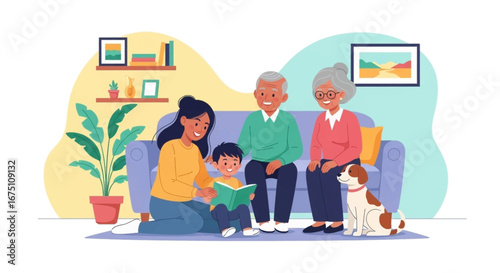 Happy multi-generational family at home. Mother reads to her son, with loving grandparents and their dog present. Illustrates education, bonding, and a cozy lifestyle.