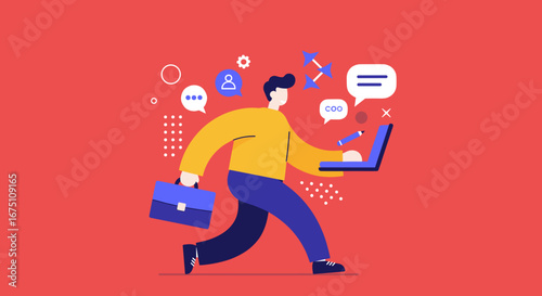 Professional man on the go, managing tasks with a laptop and briefcase. Represents digital communication, productivity, and a modern business lifestyle.