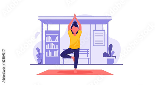 Woman practices yoga tree pose indoors on a mat, embodying balance and mindfulness. Perfect for health, wellness, and lifestyle content.