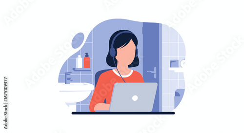 Young woman with headphones on laptop, working from an unconventional bathroom space. Represents remote work, adaptability, privacy, and modern business lifestyle.