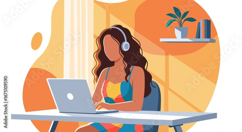 A woman with headphones working remotely on her laptop at a home desk. Ideal for concepts of productivity, freelance work, and modern lifestyle.