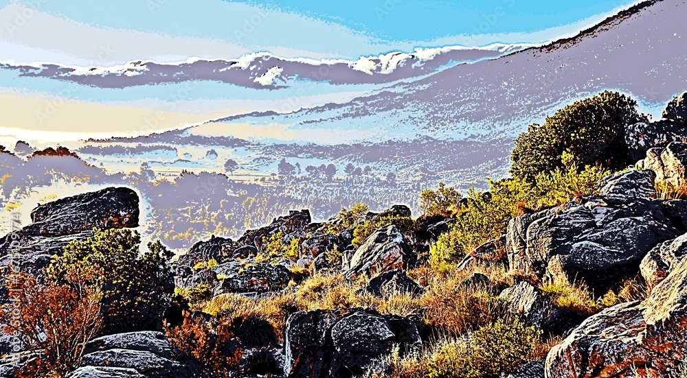 Obraz premium Landscape with early morning fog over the Ceres mountains mixed media