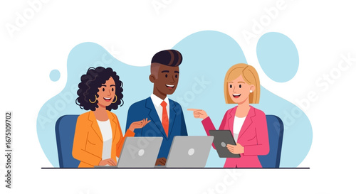 Diverse business professionals collaborating in a meeting, utilizing laptops and a tablet for discussion and strategy. Represents teamwork and modern communication.