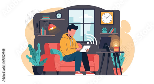 Young man works or studies from home on his tablet, enjoying a comfortable, connected lifestyle. Ideal for remote work, education, and digital concepts.