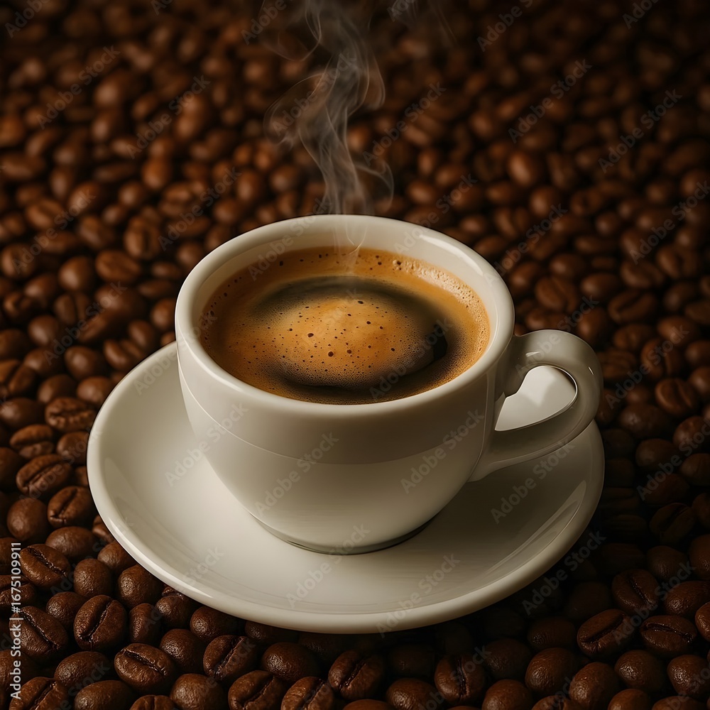 Fototapeta premium Hot Espresso shot in a white cup with coffee beans