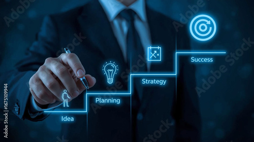 Image of a Businessman Planning Steps to Success, a Visual Metaphor for Business Strategy, Goal Achievement, and Growth