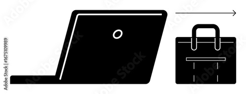 Open laptop with briefcase and arrow suggesting transition, mobility, or remote work. Ideal for productivity, technology, business travel, career shift, professional tools, minimal designs simple