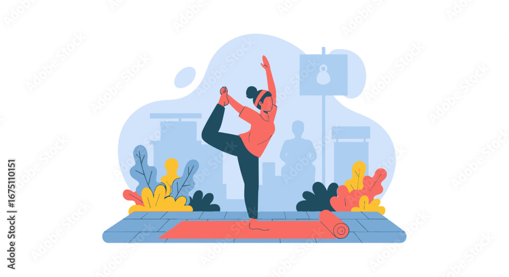 Obraz premium Woman practicing yoga dancer's pose on a mat, symbolizing balance, wellness, and mindful living. Ideal for health and lifestyle content.