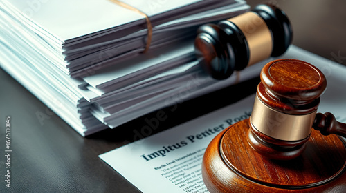 a neat stack of court injunction papers and a gavel