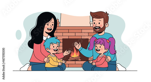 Happy family with two children enjoying a cozy evening by a warm fireplace. Parents and kids share a joyful moment of togetherness, symbolizing home comfort and family lifestyle.