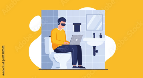 Man in VR headset and headphones working on laptop while on a toilet, illustrating remote work, extreme focus, and digital immersion in a private setting.
