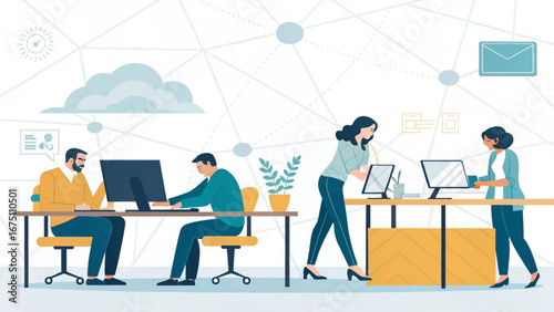 Professional team collaborating in a modern office, utilizing digital technology and cloud services for communication, data management, and business productivity.