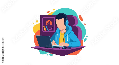 Young man gaming or working remotely in his cozy 'man cave' home office with laptop and headphones, representing modern digital lifestyle and leisure.