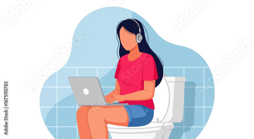 Woman in headphones uses laptop on toilet, illustrating remote work flexibility, multitasking, or a humorous take on a private workspace.