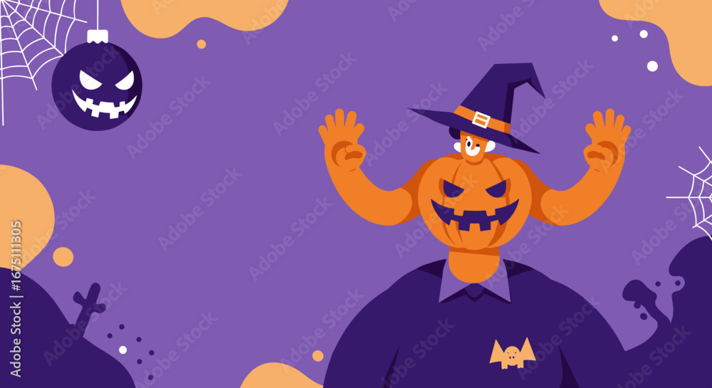 Fototapeta premium Fun Halloween illustration featuring a friendly pumpkin character in a witch's hat, surrounded by spooky decorations like spiderwebs and a jack-o'-lantern ornament, perfect for seasonal promotions.