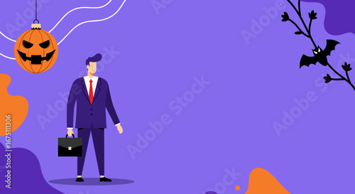 Businessman standing amidst playful Halloween decorations, featuring a jack-o'-lantern and bat. Ideal for holiday business promotions or festive event invites.