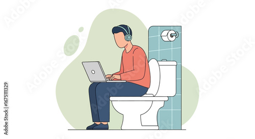 Person multitasking, working remotely from a bathroom with a laptop and headphones. Illustrates modern work-life balance challenges and efficiency.