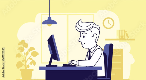 Focused professional working diligently on a computer in a minimalist office setting. Represents productivity, remote work, digital tasks, business, and modern lifestyle.