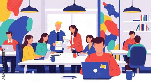 Diverse team collaborating in a vibrant, modern office space, engaged in work and discussions. Ideal for business, technology, and productivity concepts.