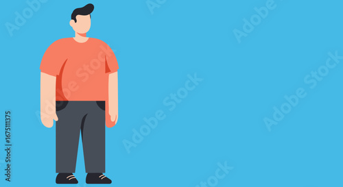 Flat design vector illustration of a man in an orange t-shirt and dark pants on a blue background. Ideal for business, lifestyle, or educational content with ample copy space.