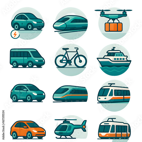 Illustrated collection various transportation methods including cars, trains, bicycles, boats, a drone. Perfect travel, logistics, transportation-related projects.