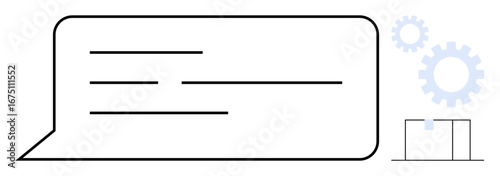 Speech bubble with lines, gears, and a box element representing communication, collaboration, system integration, teamwork, automation, process management streamlined operations. Simple flat