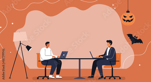 Two men work on laptops in an office decorated with Halloween elements like a pumpkin lantern and a bat, blending business with festive spirit. Ideal for seasonal work themes.