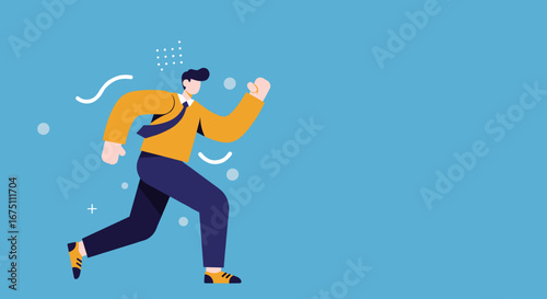 A determined businessman sprints forward on a vibrant blue background, symbolizing ambition, progress, career advancement, and overcoming challenges.