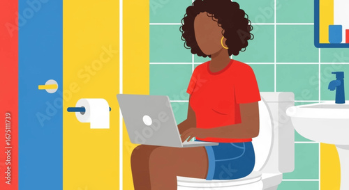 Busy woman multitasking, working from home on her laptop in the bathroom, showing a contemporary remote work lifestyle.