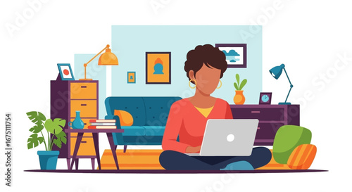 Woman working remotely on a laptop, sitting comfortably on the floor in her modern, cozy living room. Ideal for concepts of flexible work, home office, or online education.