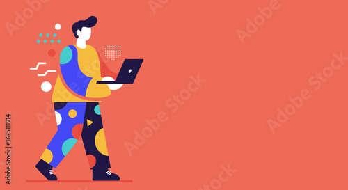 Modern flat illustration of a man walking, focused on his laptop. Represents digital productivity, remote work, and a connected mobile lifestyle. Ideal for business and technology concepts.